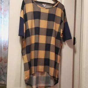 LuLaRoe Irma Peach Navy Checkered Plaid